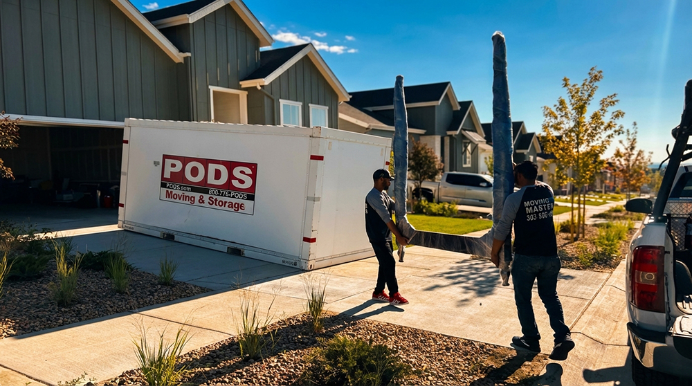 Moving crew loading a PODS container at a Denver home
