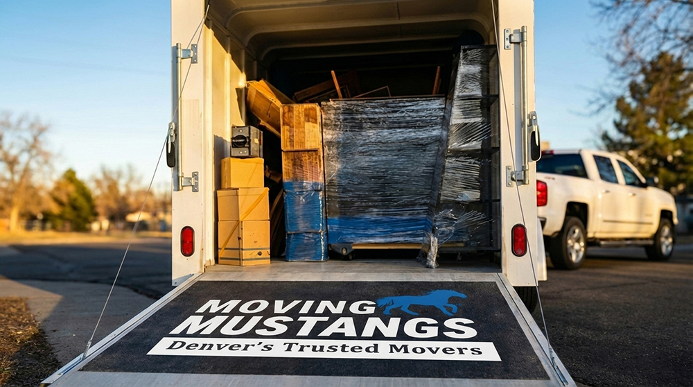 Denver Moving Mustangs branded truck loaded with cargo