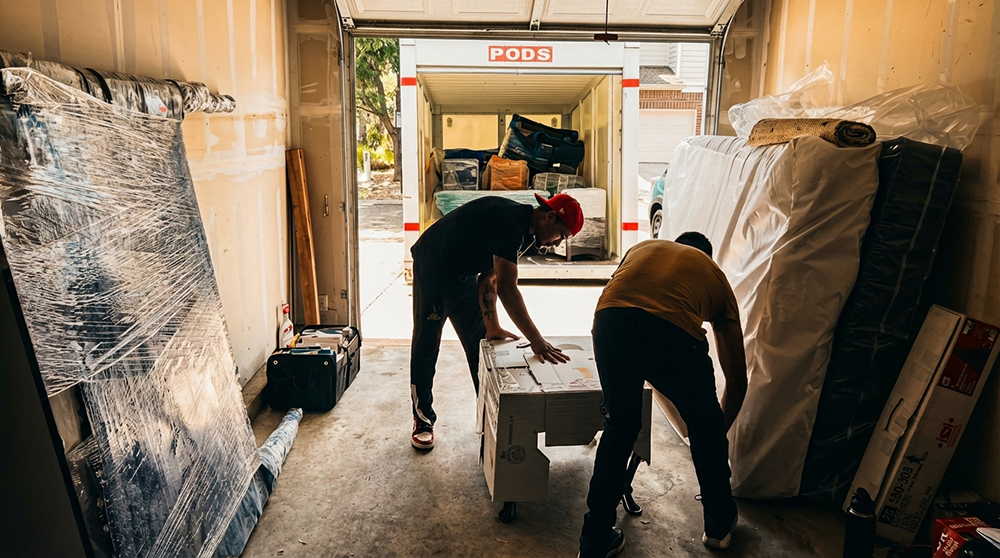 Professional movers packing boxes in a garage